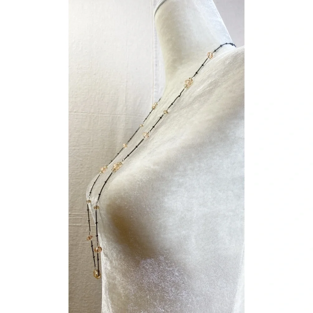 LOFT long station necklace faceted peach glass beads antiqued silver tone chain